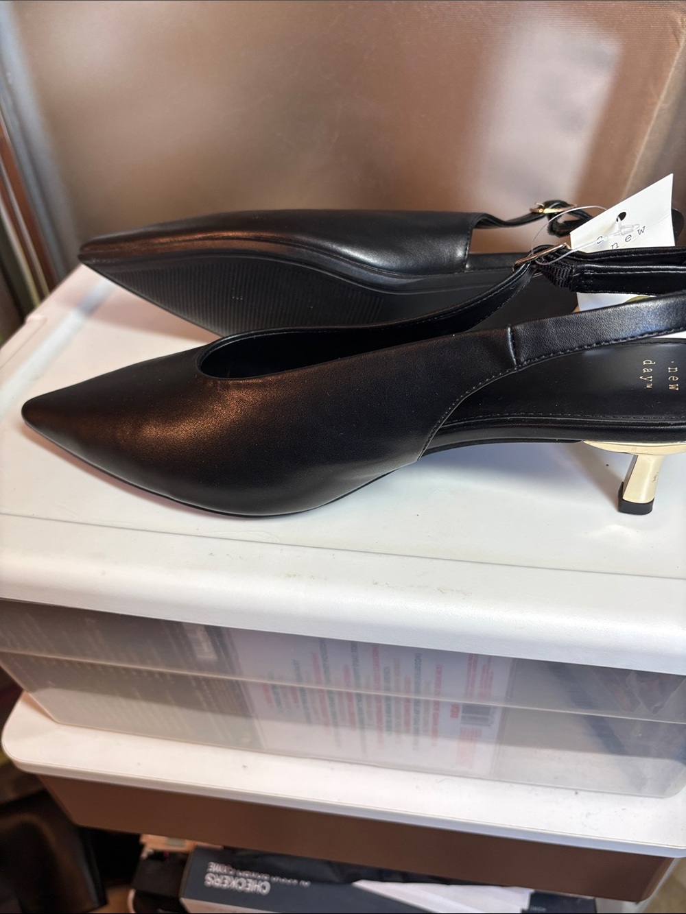 A New Day Black Pointed Slingback Heels with Gold Accent